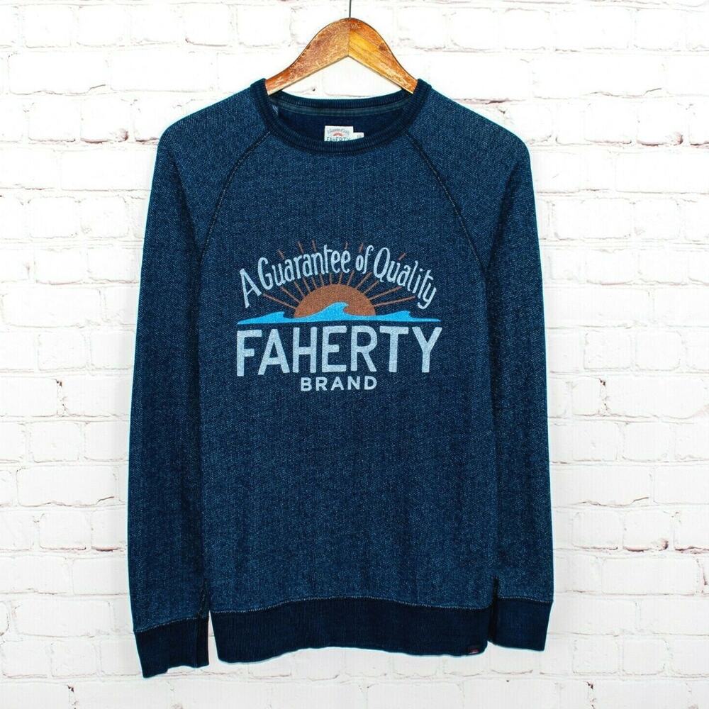 FAHERTY Men's LOGO Crew Sweatshirt in Indigo Dyed Blue Cotton size Small